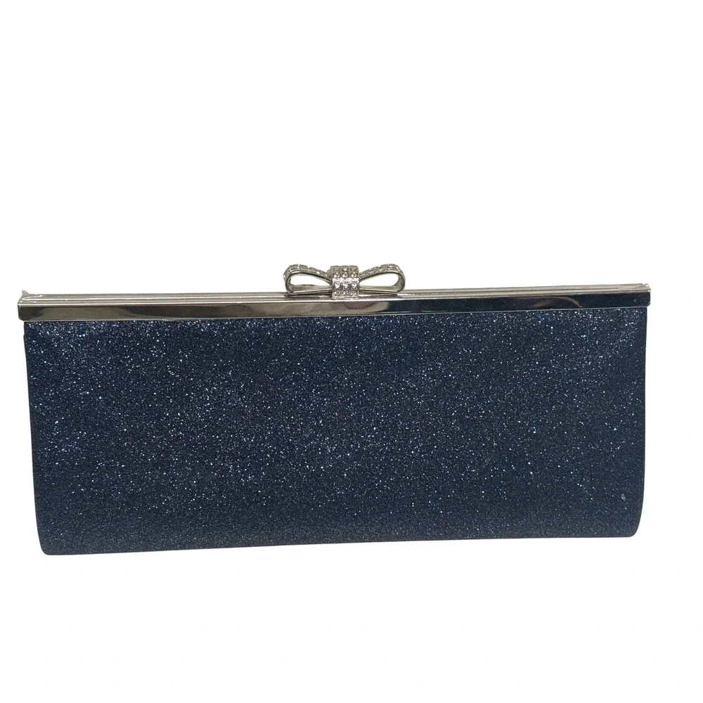 Black and Blue Sparkly Diamond‎ Bow Clutch with Long Shoulder or Crossbody Strap